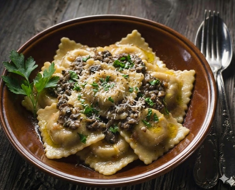 Ravioles de ricotta con salsa duxelle