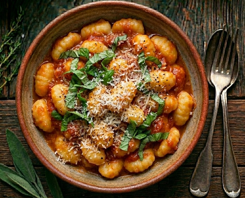 Gnocchi con salsa de tomate y albahaca