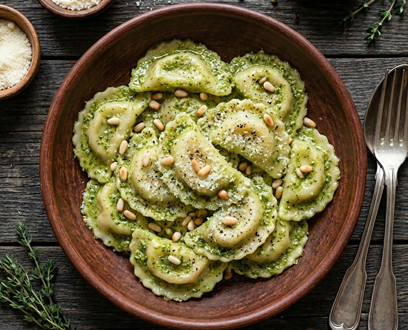 Tortelloni relleno de ricotta con pesto suave