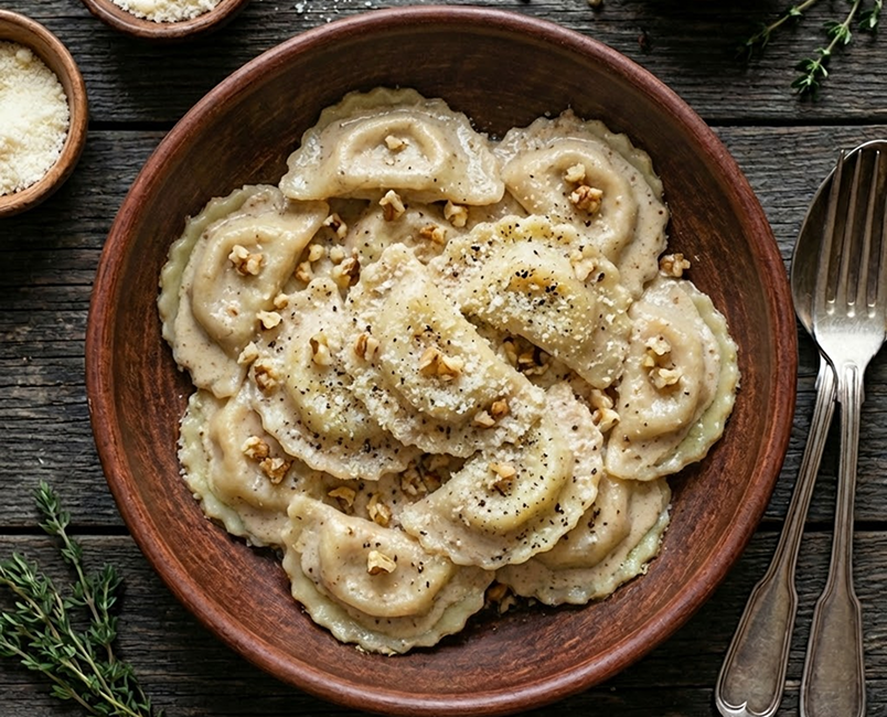 Tortelloni relleno de ricotta con salsa de nuez