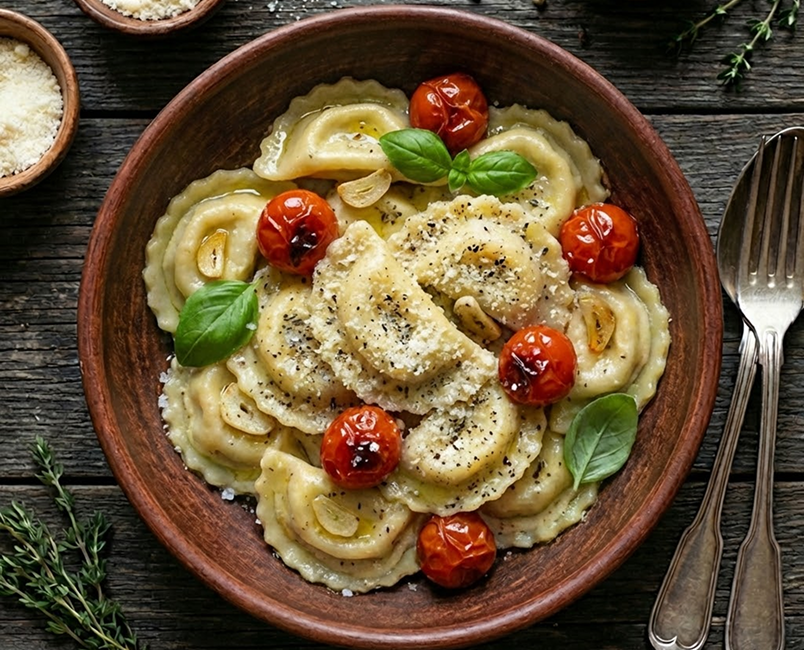 Tortelloni relleno de jamon y queso ricotta con tomates asados