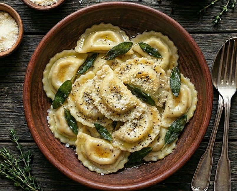 Tortelloni rellenos de jamon y queso ricotta con mantequilla y hojas de salvia