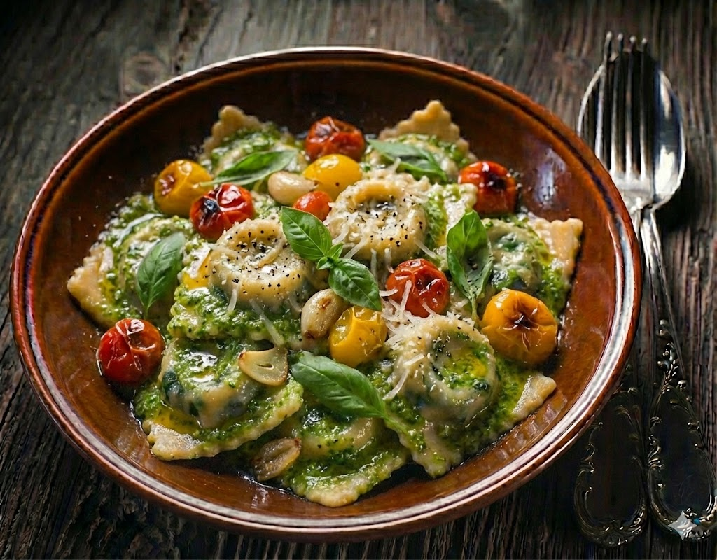 Ravioles de verdura con tomate cherry y salsa pesto