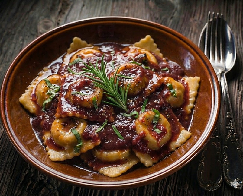 Ravioles de carne al vino tinto con romero