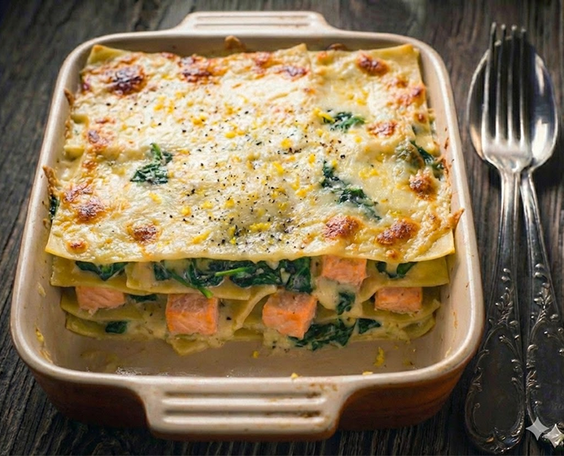 Lasagna de salmón y espinaca en salsa cremosa