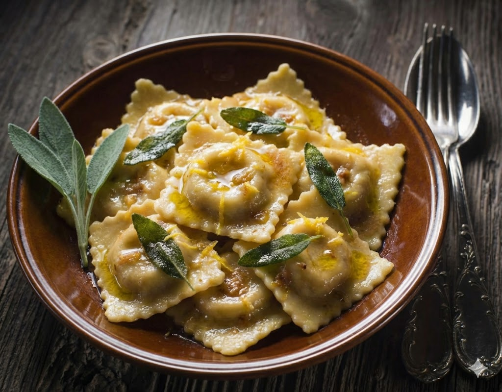 Ravioles de carne con mantequilla, salvia y limón