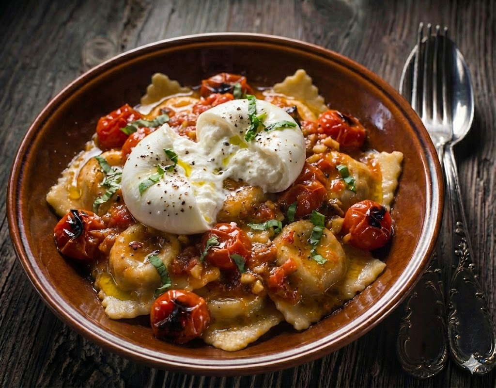 Ravioles de carne con salsa de tomates asados y burrata