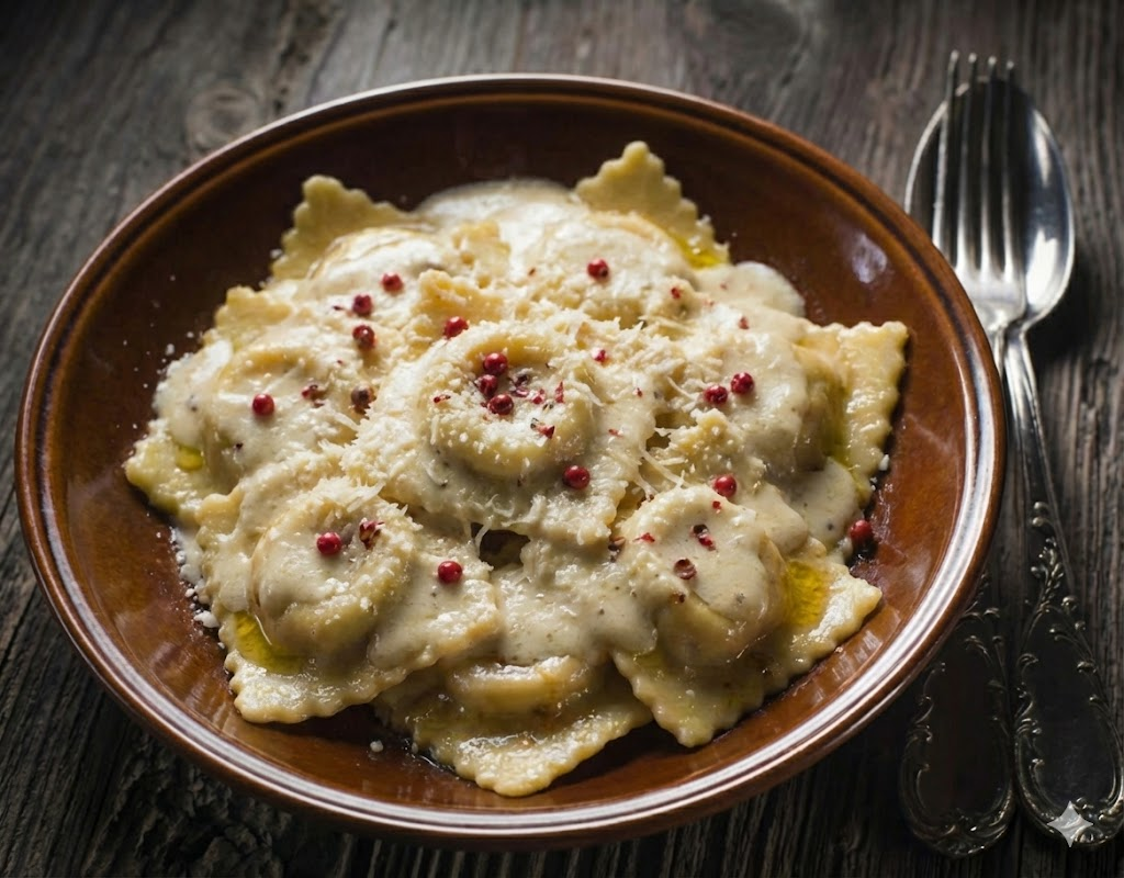Ravioles de carne en crema de parmesano y pimienta rosa